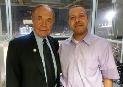 McKinney with the late broadcasting legend Dick Enberg in the press box at Wrigley Field.